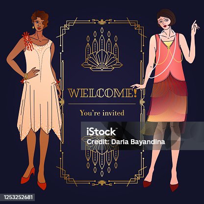 istock Square Template of 1920s Art Deco invitation or greeting card. Copy space layout with geometric frame and flapper girls 1253252681