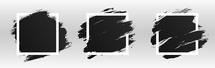 Square white frame with black paint, brush paint ink stroke and grunge texture. Black grunge banner, frame for design. Set of square frames for banner, poster, flyer and background with space for text. Vector