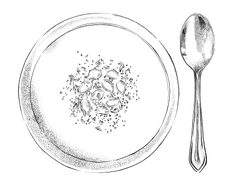 Squash Soup and Spoon Vector Pen and Ink Drawing