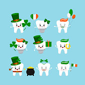 St Patrick cute teeth icon set isolated. Dentist cute white tooth, crown, implant, with braces characterand irish celebration signs. Flat design cartoon vector Happy paddy's day clip art illustration.