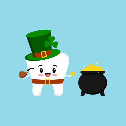 St Patrick day tooth in leprechaun costume with pot of gold.