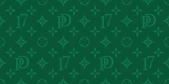 St. Patrick s Day vector seamless pattern, background from green four-leafed numbers 17, abbreviation PD. Vector illustration