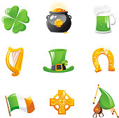 St Patrick's Day Icons Set, with four clover, golden pot, beer, harp, Irish top hat, horseshoe, Irish flag, Celtic Sign Pattern and Music Instrument, Begpipes, Uilleann Pipes, Irish Pipes. Vector Illustration Cartoon. 