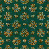 St. Patrick's day seamless pattern with Golden Shamrock. Patrick day symbol on the green background. - Illustration