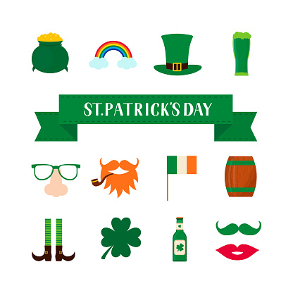 St. Patricks day symbol icons and photo booth props set: green hat, shamrock, treasure of leprechaun, mustache, beard, pipe, pot, etc. Vector element of design for greeting card, banner, sticker