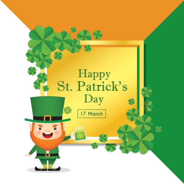St. Patrick's Day template 12 17 march, Saint Patrick's Day template design. Cute Leprechaun holding mug of green beer with clovers and golden square frame, Irish flag colour as background. Vector illustration. 12 17 months stock illustrations