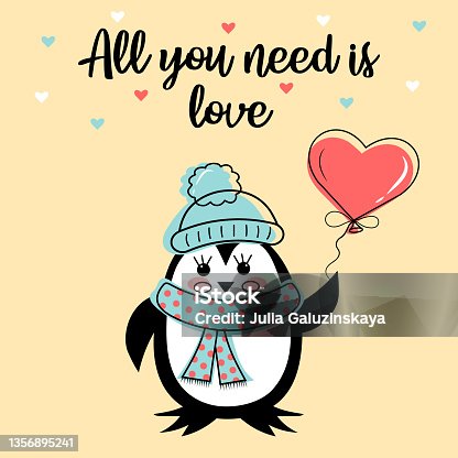 istock St. Valentine s Day card with cute penguin in hat and scarf and heart balloon. 1356895241