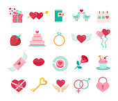 Valentine's Day flat icons set. Present, Balloons, Gift, Cupcake, Love Letter, Balloons, Wingerd heart, Diamond ring, Birds, Wedding Cake Colored Love symbols Vector illustration