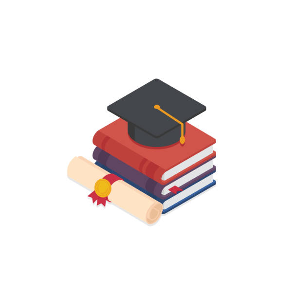 Stack of book with a mortarboard and graduation scroll. Graduate, study, education, university, college concept vector art illustration
