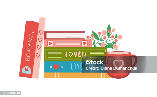 istock Stack of book with cup of tea or coffe and flowers. Valentines day books. Gift for Valentine day. Love story, romance, books about love. Vector illustration in flat style for store, shops, libraries 1362508718