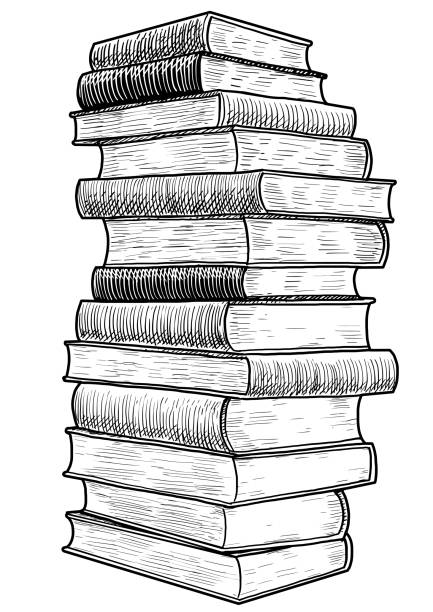 Stack of books illustration, drawing, engraving, ink, line art, vector Illustration, what made by ink, then it was digitalized. drawing of a bookshelf stock illustrations