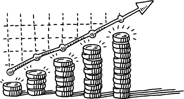 Stack Of Coins Graph Success Drawing Hand-drawn vector drawing of a Stack Of Coins and a Graph pointing upwards. Financial Success Concept. Black-and-White sketch on a transparent background (.eps-file). Included files are EPS (v10) and Hi-Res JPG. growth clipart stock illustrations