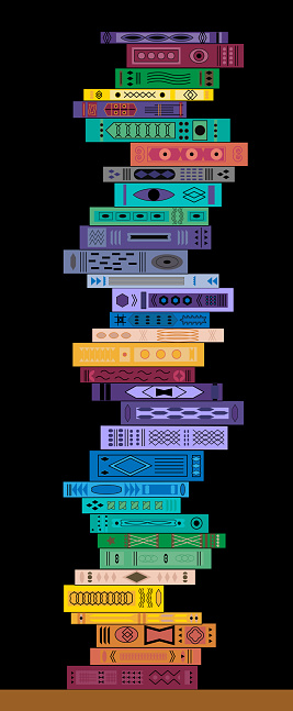 Stack of colorful books on black background. Pile of books vector illustration. Vertical banner, background, template