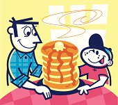illustration of a father & son and a stack of pancakes