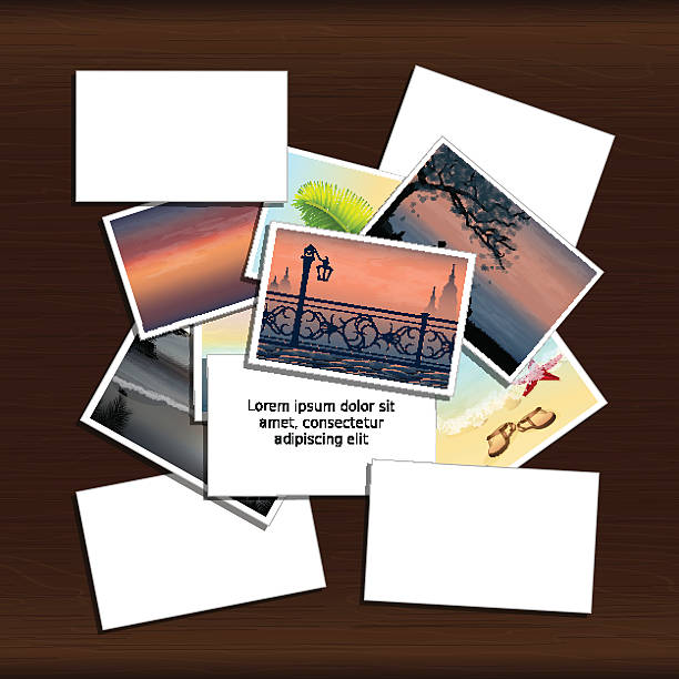 Stack of photos Stack of photos on wood background with place for inscription. Vector, EPS 10 heap photos stock illustrations