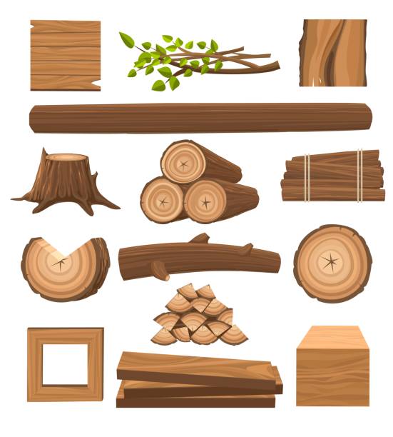 Stacked timbers and firewood logs Timber set. Stacked timbers and firewood logs, forest trees objects and wood lumber production cartoon vector illustration firewood stock illustrations