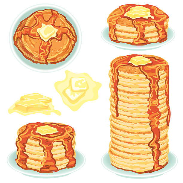 illustrazioni stock, clip art, cartoni animati e icone di tendenza di pile di frittelle con burro e sciroppo  - pancake