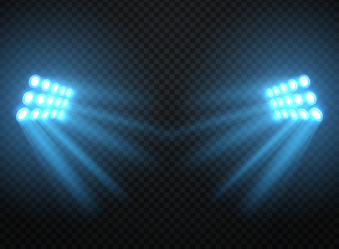 Stadium lights, shiny projectors isolated. Vector spotlight template