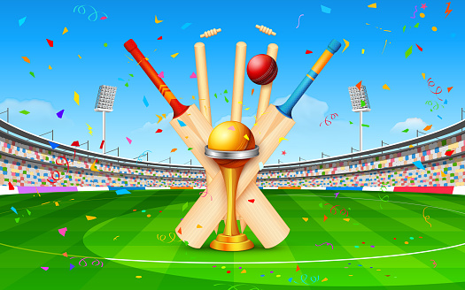 Stadium of cricket with bat, ball and trophy