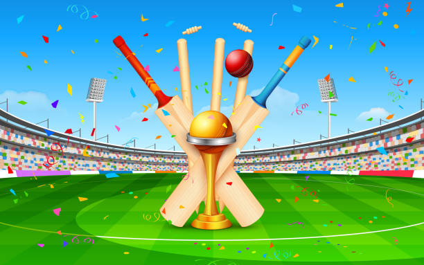 illustrazioni stock, clip art, cartoni animati e icone di tendenza di stadio di cricket con palla e mazza, trofeo - pioli