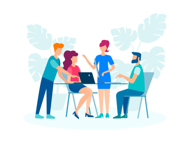 Staff meeting at the table near the computer, coworking, discussion. vector art illustration
