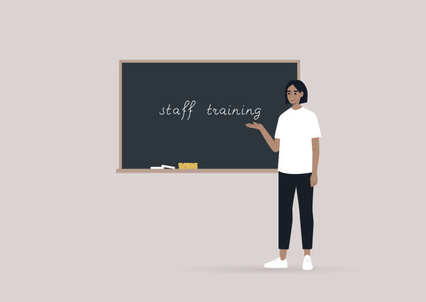 Staff training seminar, a young female Caucasian character pointing at the blackboard, lifelong learning concept vector art illustration