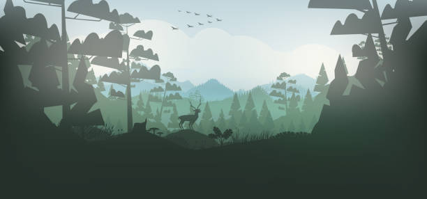 illustrazioni stock, clip art, cartoni animati e icone di tendenza di cervo in una foresta e sfondo di montagna - finlandia laghi