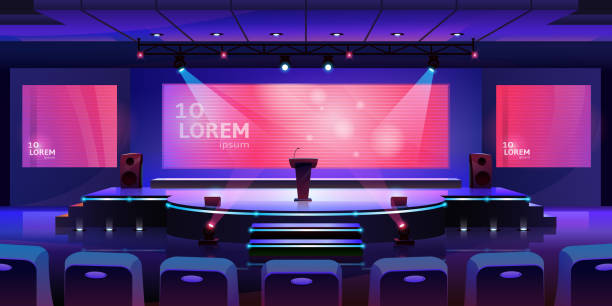 Stage for event or conference with tribune, convention hall for presentation or concert, vector background. Modern empty stage with speaker podium, chair seats and projector display monitors on screen Stage for event or conference with tribune, convention hall for presentation or concert, vector background. Modern empty stage with speaker podium, chair seats and projector display monitors on screen presentation speech backgrounds stock illustrations
