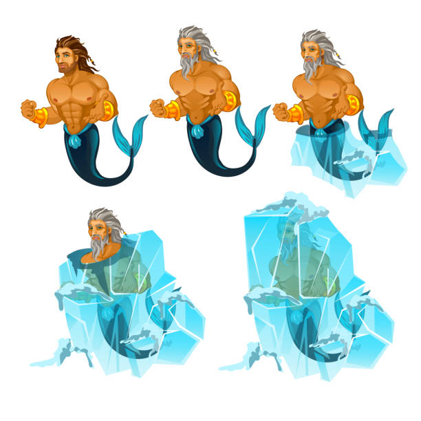 Stage of freezing and thawing of sailor mermaid man isolated on white background. Vector cartoon close-up illustration Stage of freezing and thawing of sailor mermaid man isolated on white background. Vector cartoon close-up illustration merman stock illustrations
