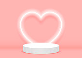 Stage podium decorated with heart shape lighting. Pedestal scene with for product, advertising, show, on light pink background. Valentine concept. Backdrop of love. Minimal style. Vector illustration.