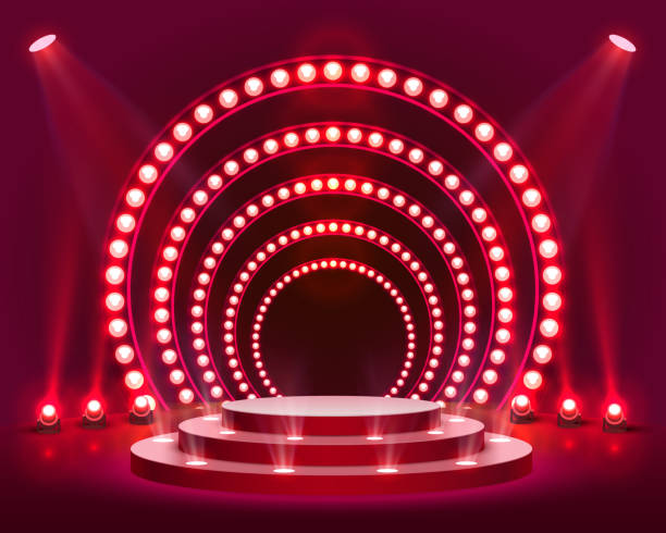 Stage Podium Scene with for Award Ceremony Stage podium with lighting, Stage Podium Scene with for Award Ceremony on red Background, Vector illustration competition round stock illustrations