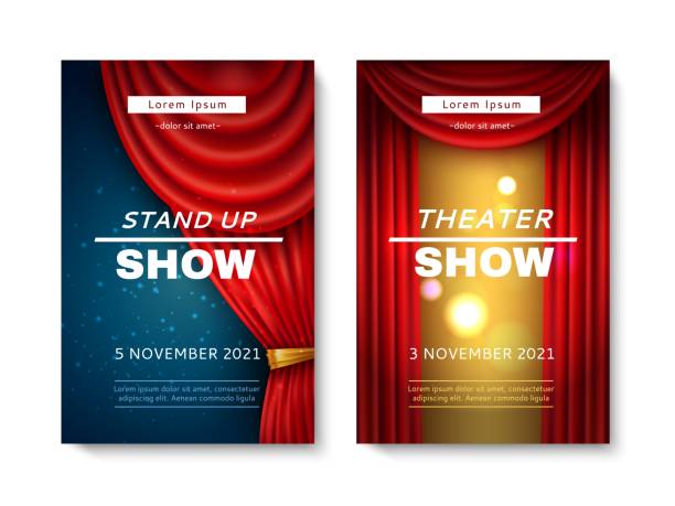 Stage red curtain show. Comedy and theatre cards playbills with realistic veils frames, vector set of art performance elegant design posters Stage curtain cards. Comedy and theatre show playbills with realistic red veils frames, art performance elegant design light and dark vector set of posters dancing borders stock illustrations