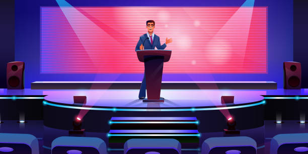 Stage with speaker at podium tribune, sitting rows, projection screen monitor display cartoon vector. Convention conference hall for concert, investment project presentation. Businessman giving speech Stage with speaker at podium tribune, sitting rows, projection screen monitor display cartoon vector. Convention conference hall for concert, investment project presentation. Businessman giving speech presentation speech stock illustrations