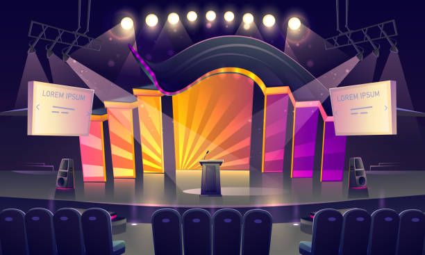 Stage with tribune, seats and spotlights Stage with tribune, bright decoration and spotlights. Vector cartoon illustration of empty scene for presentation, conference and public event with pulpit, screens and seats for audience presentation speech backgrounds stock illustrations
