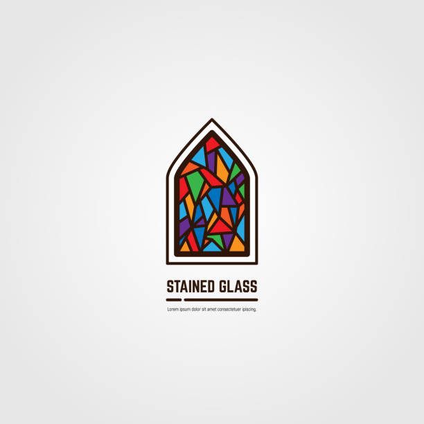 Stained glass line vector emblem Colorful stained glass window. Logo, emblem or icon with text. Thick line style flat style linear vector. Architecture, religious or gallery. Bright stain glass and color window. church stock illustrations