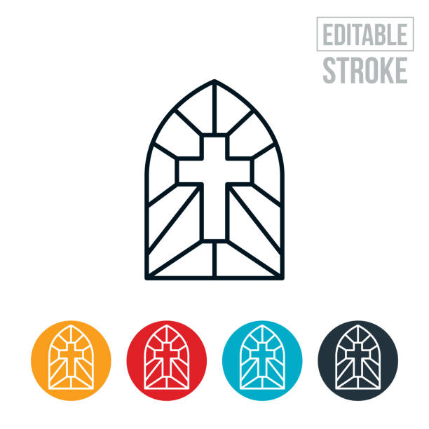Stained Glass Window With Cross Thin Line Icon - Editable Stroke An icon of stained glass window with a cross. The icon includes editable strokes or outlines using the EPS vector file. religious cross icons stock illustrations