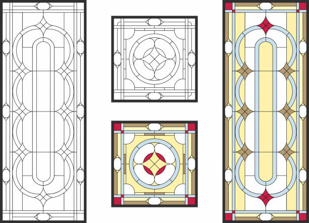 Stained-glass panel in a rectangular frame. Art Nouveau style Stained-glass panel in a rectangular frame, abstract floral arrangement of buds and leaves in the art Nouveau style. Decorative design of the window or door. Vector illustration window borders stock illustrations