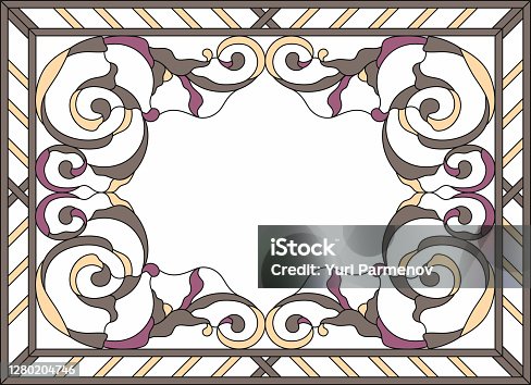 istock Stained-glass panel in a rectangular frame. Classic window, abstract floral arrangement of buds and leaves in the art Nouveau style. Vector 1280204746