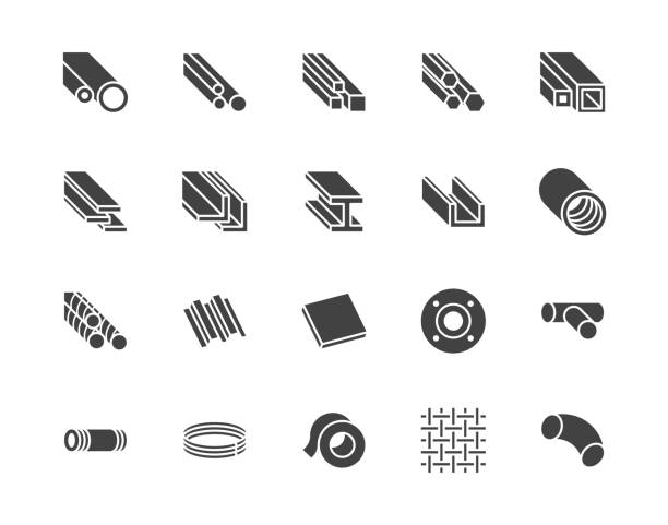 Stainless steel flat glyph icons set. Metal sheet, coil, strip, pipe, armature vector illustrations. Black signs metallurgy products, construction industry. Silhouette pictogram pixel perfect 64x64 Stainless steel flat glyph icons set. Metal sheet, coil, strip, pipe, armature vector illustrations. Black signs metallurgy products, construction industry. Silhouette pictogram pixel perfect 64x64. metal icons stock illustrations