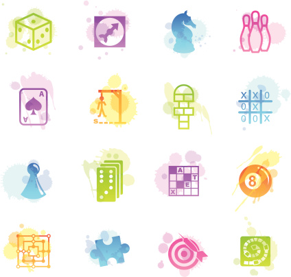 16 stains icons representing a collection of different games related symbols and objects. vector