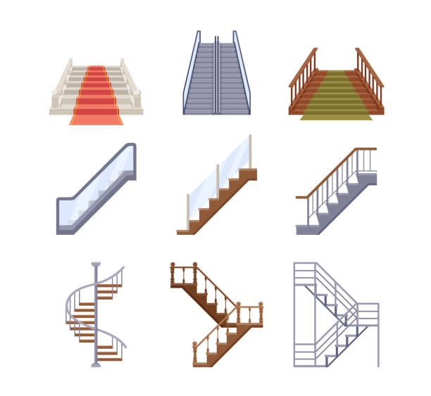 ilustrações de stock, clip art, desenhos animados e ícones de staircases, wooden and metal ladders with handrails. wood and marble stairs covered with green and red carpet, escalator - stairs subway
