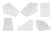 Stairs with white steps in different position realistic set. Stairway for exterior or interior mockups. Staircase without banister. Top, side, front view. Vector 3d isolated templates collection.
