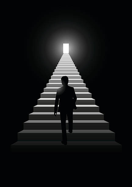 Stairway To Success Silhouette illustration of a man walking on a stairway leading up to a bright door door silhouettes stock illustrations