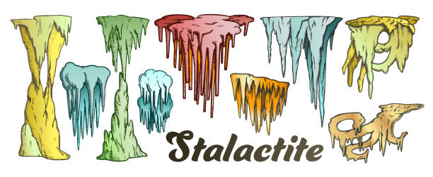 stalaktit und stalagmite farbe set vektor - tropfsteinhöhle stalaktiten stock-grafiken, -clipart, -cartoons und -symbole