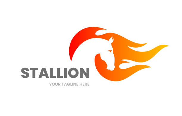 Stallion sign template. Abstract horse silhouette with fire flame. vector art illustration