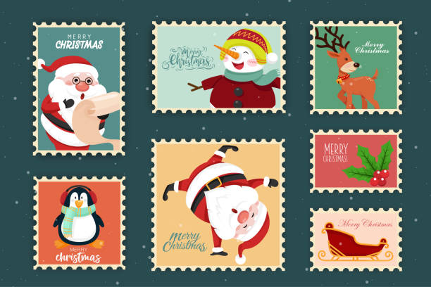 stamp collection with merry christmas object vector vector art illustration