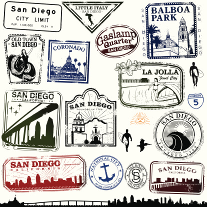 Series of Stylized stamps of San Diego landmarks.