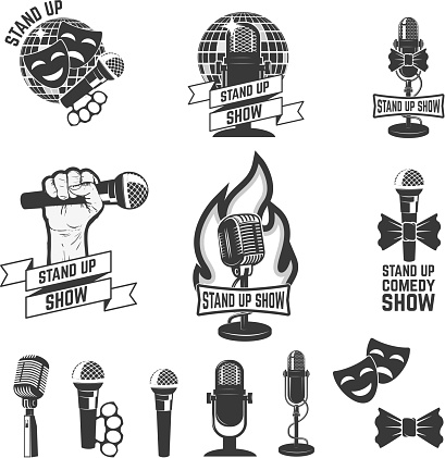 Stand up comedy show labels. Set of old style microphones. Design elements for  albel, emblem, sign. Vector illustration.