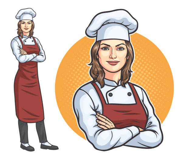 Standing Female Chef Standing Female Chef, Vector EPS 10 chef apron stock illustrations