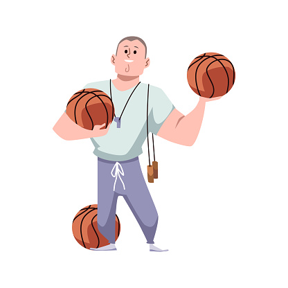 Standing gym teacher with basketballs in hands and whistle around his neck flat style